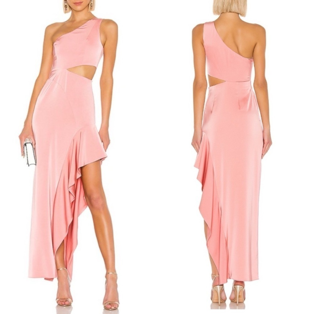 NBD Cressida One Shoulder Asymmetric Hem Gown Pink